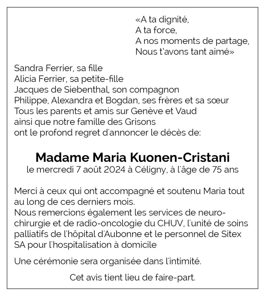 Avis décès Maria Kuonen-Cristani 1949 - 2024