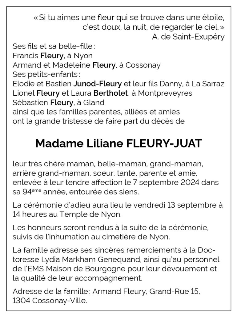 Avis décès Liliane Fleury-Juat 1931 - 2024