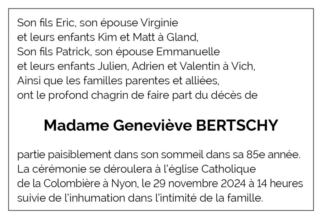 Avis décès Geneviève BERTSCHY 1940 - 2024