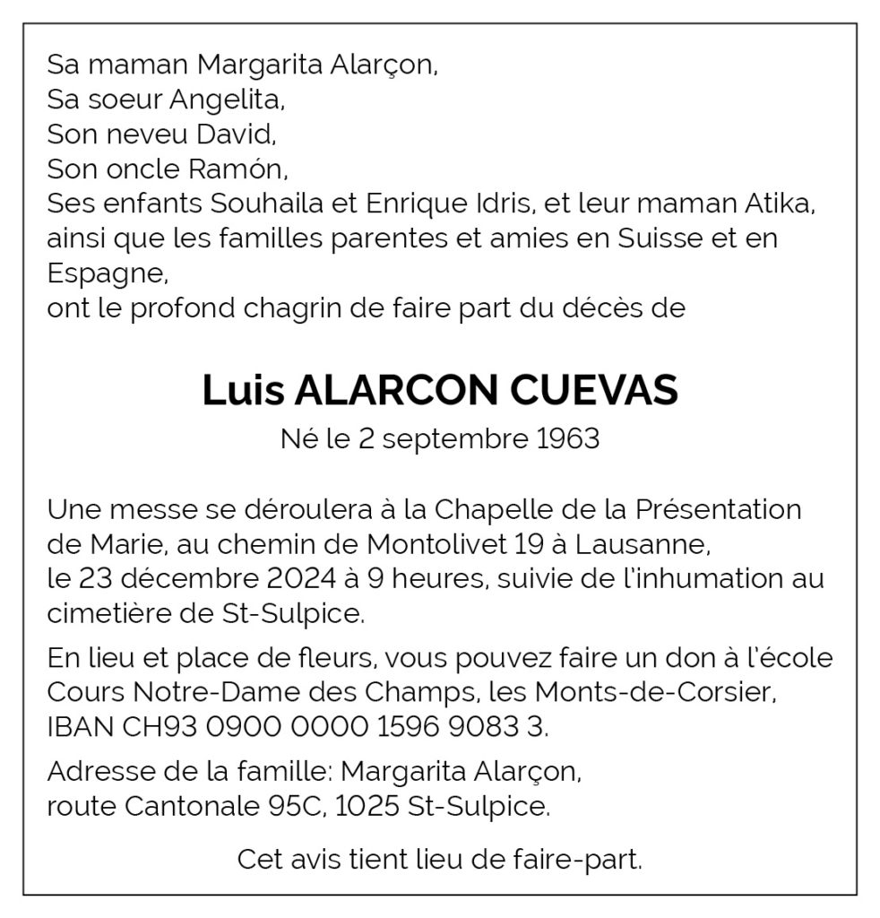 Avis décès Luis ALARCON CUEVAS 1963 - 2024
