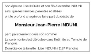 Avis décès Jean-Pierre INDUNI 1938 - 2025