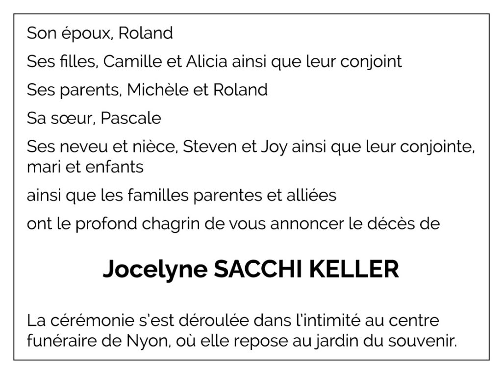 Avis décès Jocelyne SACCHI KELLER 1967 - 2025