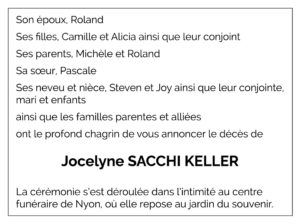 Avis décès Jocelyne SACCHI KELLER 1967 - 2025