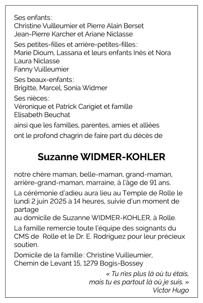 Avis décès Suzanne WIDMER-KOHLER 1934 - 2025