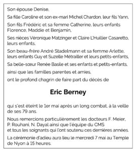 Avis décès Eric BERNEY 1946 - 2025