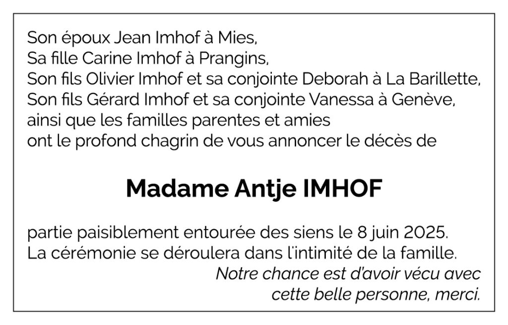 Avis décès Antje IMHOF 1943 - 2025