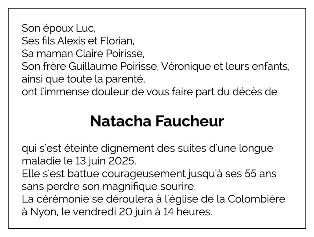 Avis décès Natacha Nathalie FAUCHEUR 1970 - 2025