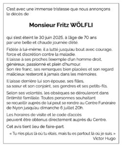Avis décès Fritz WÖLFLI 1955 - 2025