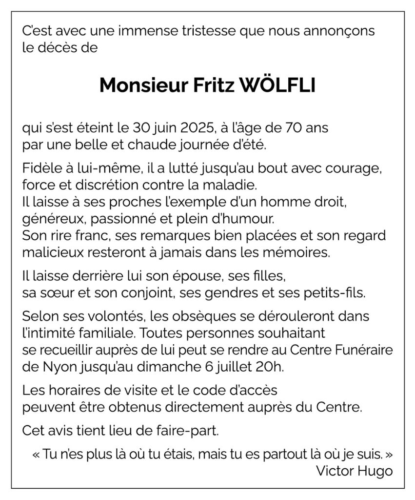 Avis décès Fritz WÖLFLI 1955 - 2025