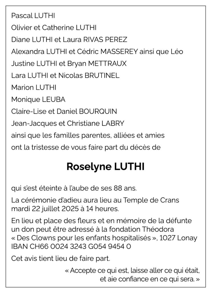 Avis décès Roselyne LÜTHI 1937 - 2025