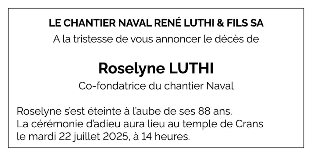 Chantier Naval René Luthi et Fils SA Avis décès Roselyne LÜTHI 1937 - 2025