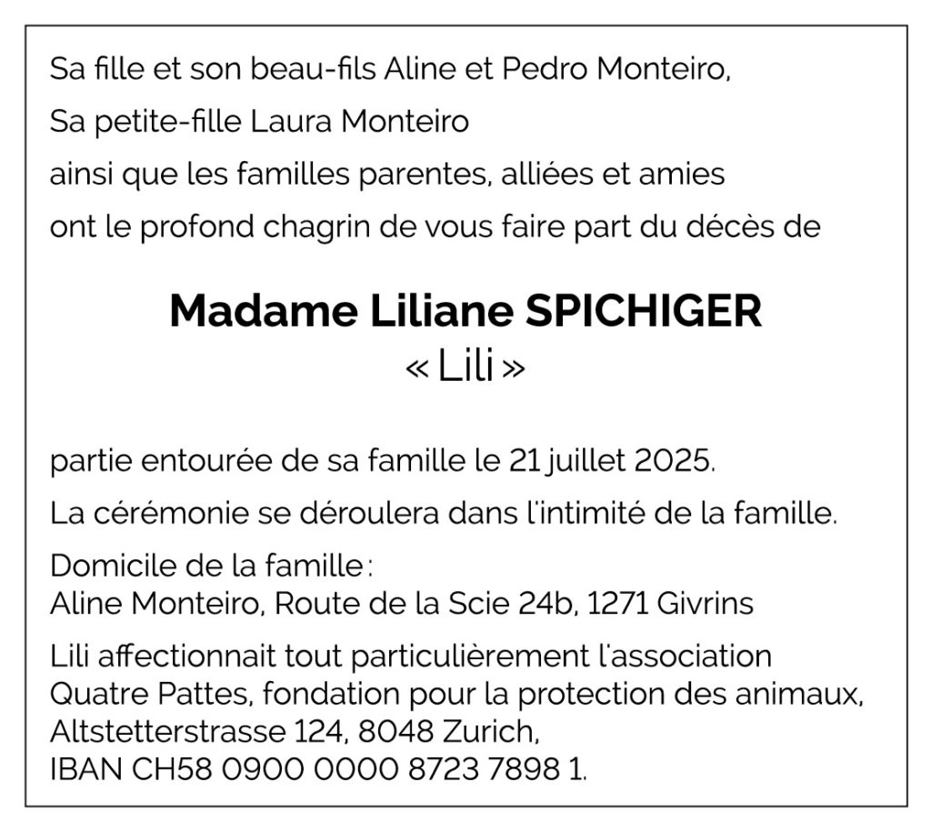 Avis décès Liliane SPICHIGER 1952 - 2025