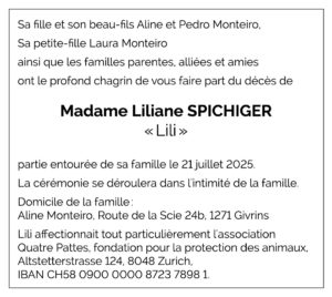 Avis décès Liliane SPICHIGER 1952 - 2025