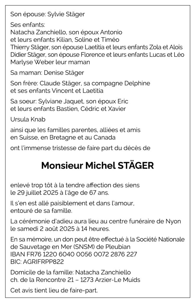 Avis décès Michel STÄGER 1958 - 2025