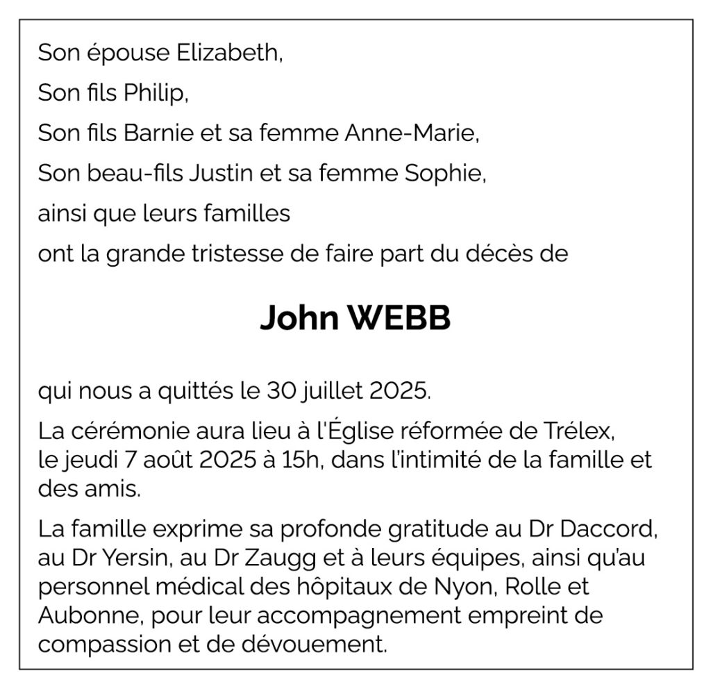 Avis décès John WEBB 1942 - 2025