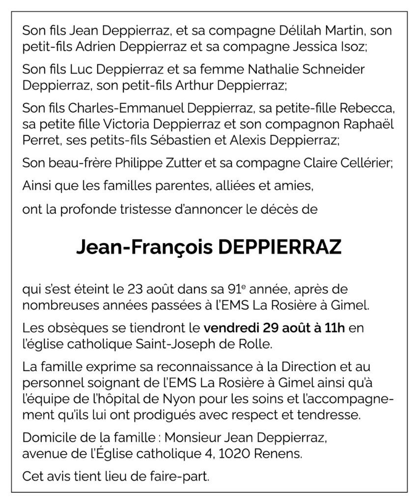 Avis décès Jean-François DEPPIERRAZ 1935 - 2025