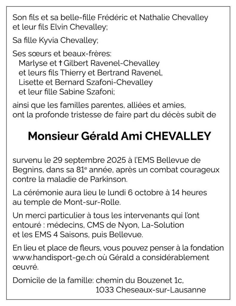 Avis décès Gérald Ami CHEVALLEY 1944 - 2025