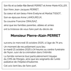 Avis décès Pierre-Alain PERRET 1951 - 2025