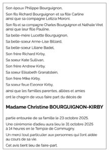 Avis décès Christine BOURGUIGNON-KIRBY 1959 - 2025