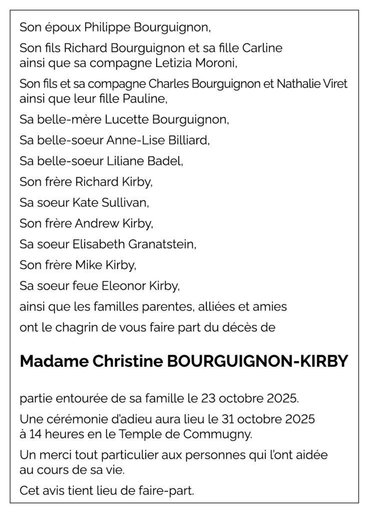 Avis décès Christine BOURGUIGNON-KIRBY 1959 - 2025