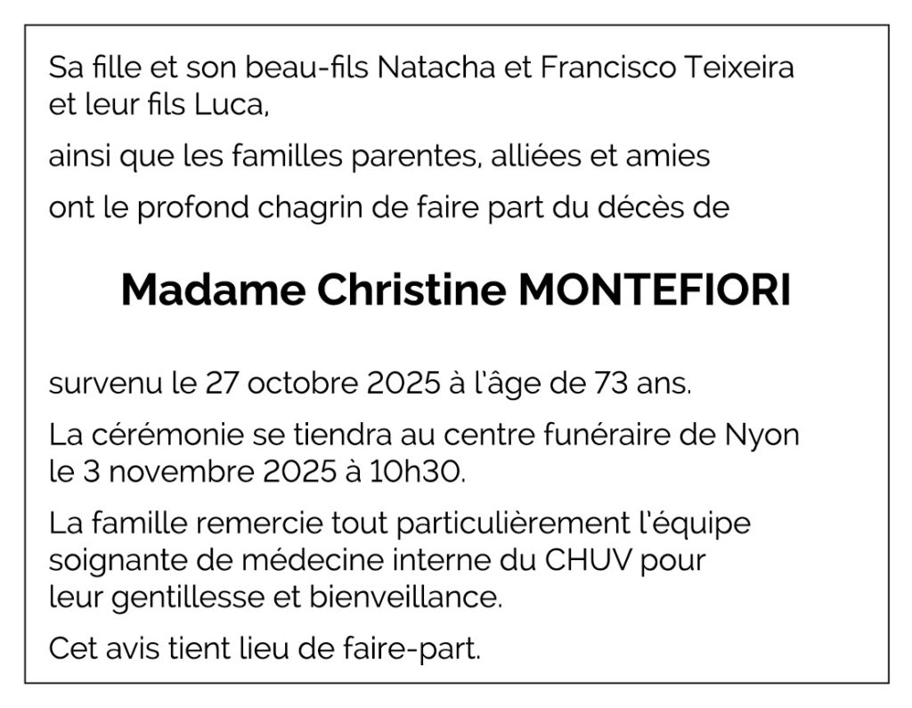 Avis décès Christine MONTEFIORI 1952 - 2025
