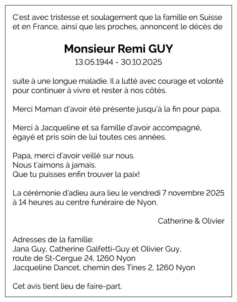 Avis décès Remi GUY 1944 - 2025