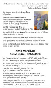 Avis décès Anne-Marie Lina AMEZ-DROZ HAUSMANN 1942 - 2025