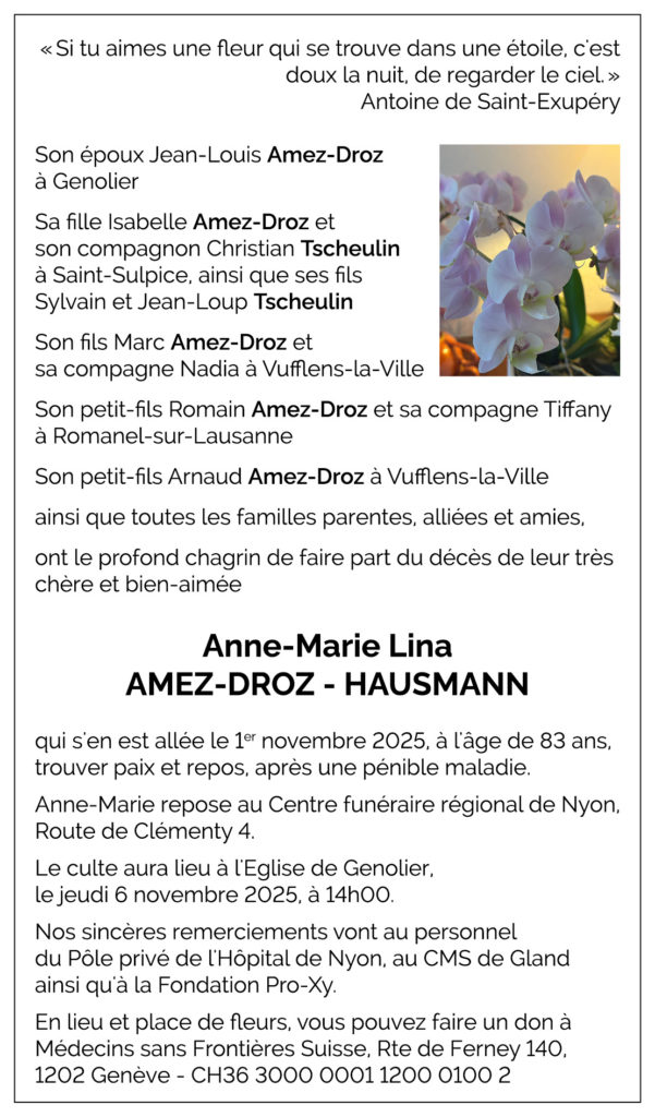 Avis décès Anne-Marie Lina AMEZ-DROZ HAUSMANN 1942 - 2025
