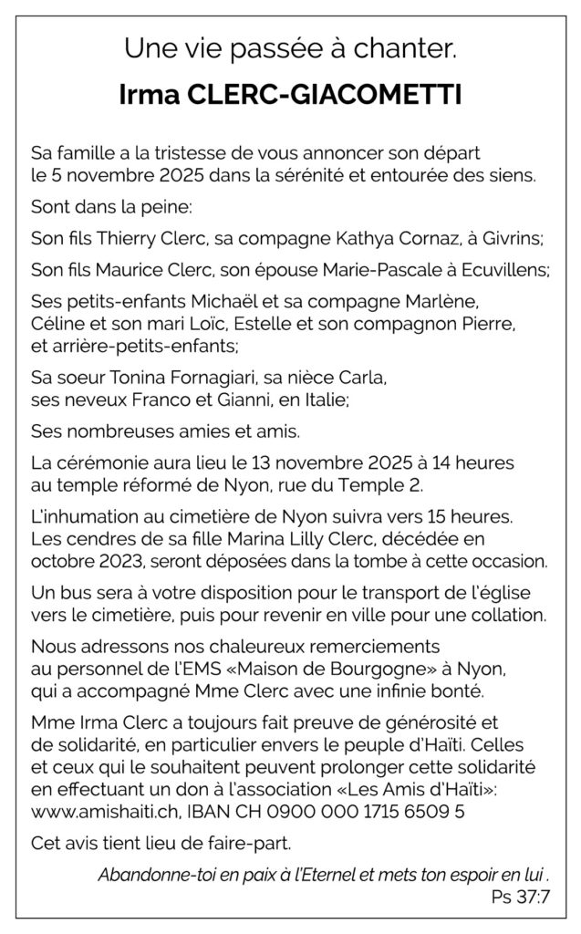 Avis décès Irma CLERC-GIACOMETTI 1926 - 2025