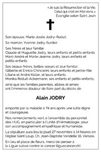 Avis décès Alain JODRY 1951 - 2025