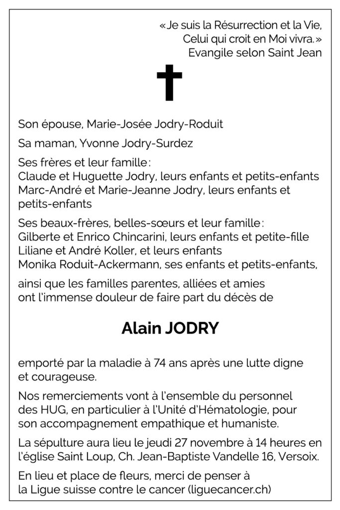 Avis décès Alain JODRY 1951 - 2025