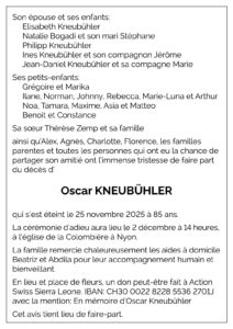 Avis décès Oscar (Oskar) KNEUBÜHLER 1940 - 2025