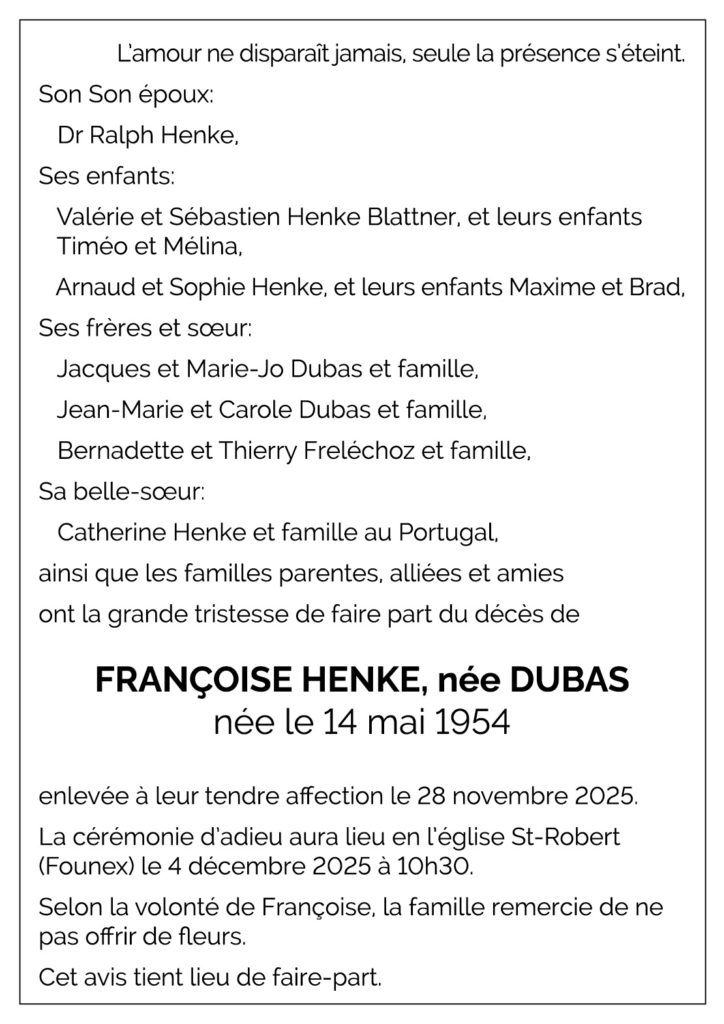 Avis décès Françoise HENKE, née DUBAS 1954 - 2025