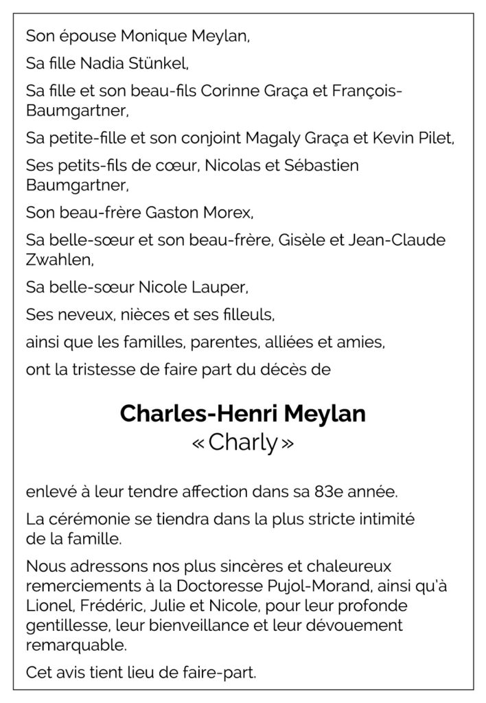 Avis décès Charles-Henri MEYLAN 1942 - 2025