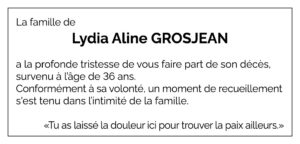 Avis décès Lydia GROSJEAN 1989 - 2026