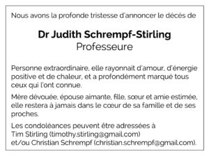 Avis décès Judith SCHREMPF-STIRLING 1981 - 2026