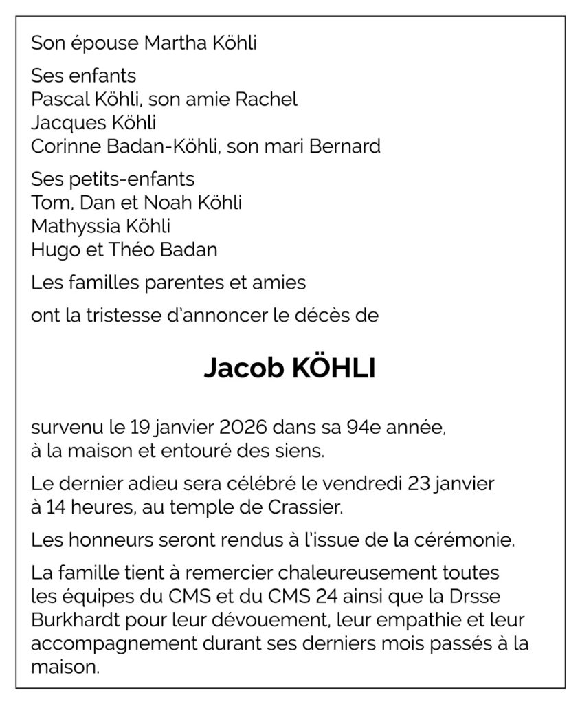 Avis décès Jakob KÖHLI 1932 - 2026
