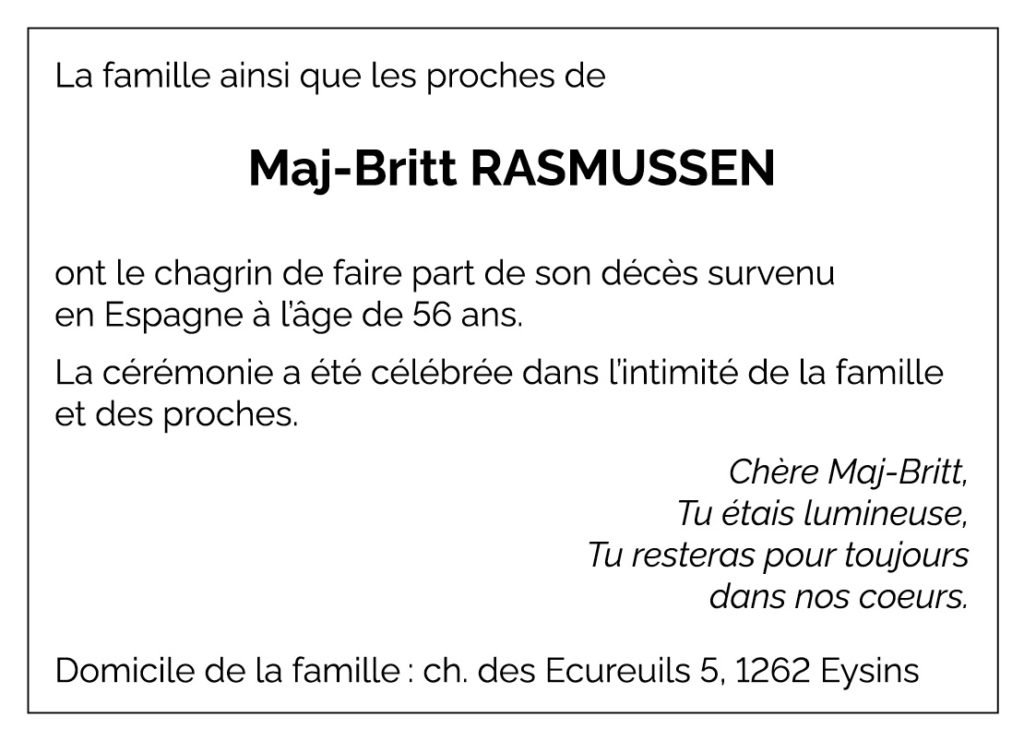 Avis décès Maj-Britt RASMUSSEN 1970 - 2026