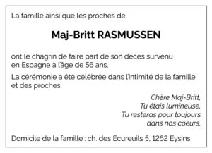 Avis décès Maj-Britt RASMUSSEN 1970 - 2026