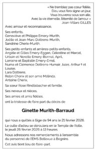 Avis décès Ginette MURITH-BARRAUD 1931 - 2026
