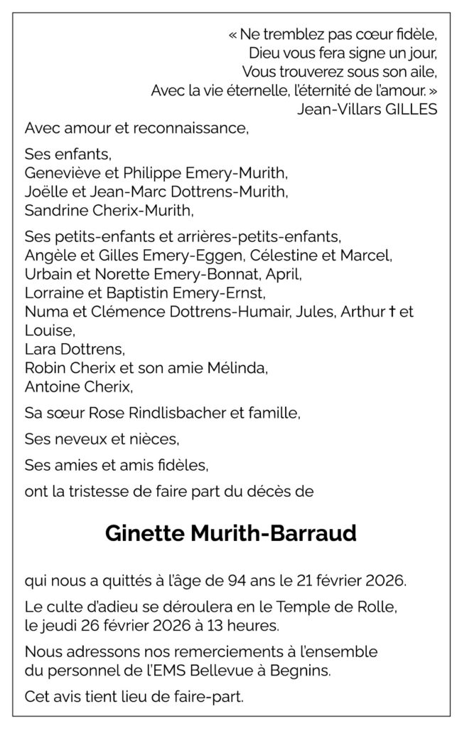 Avis décès Ginette MURITH-BARRAUD 1931 - 2026