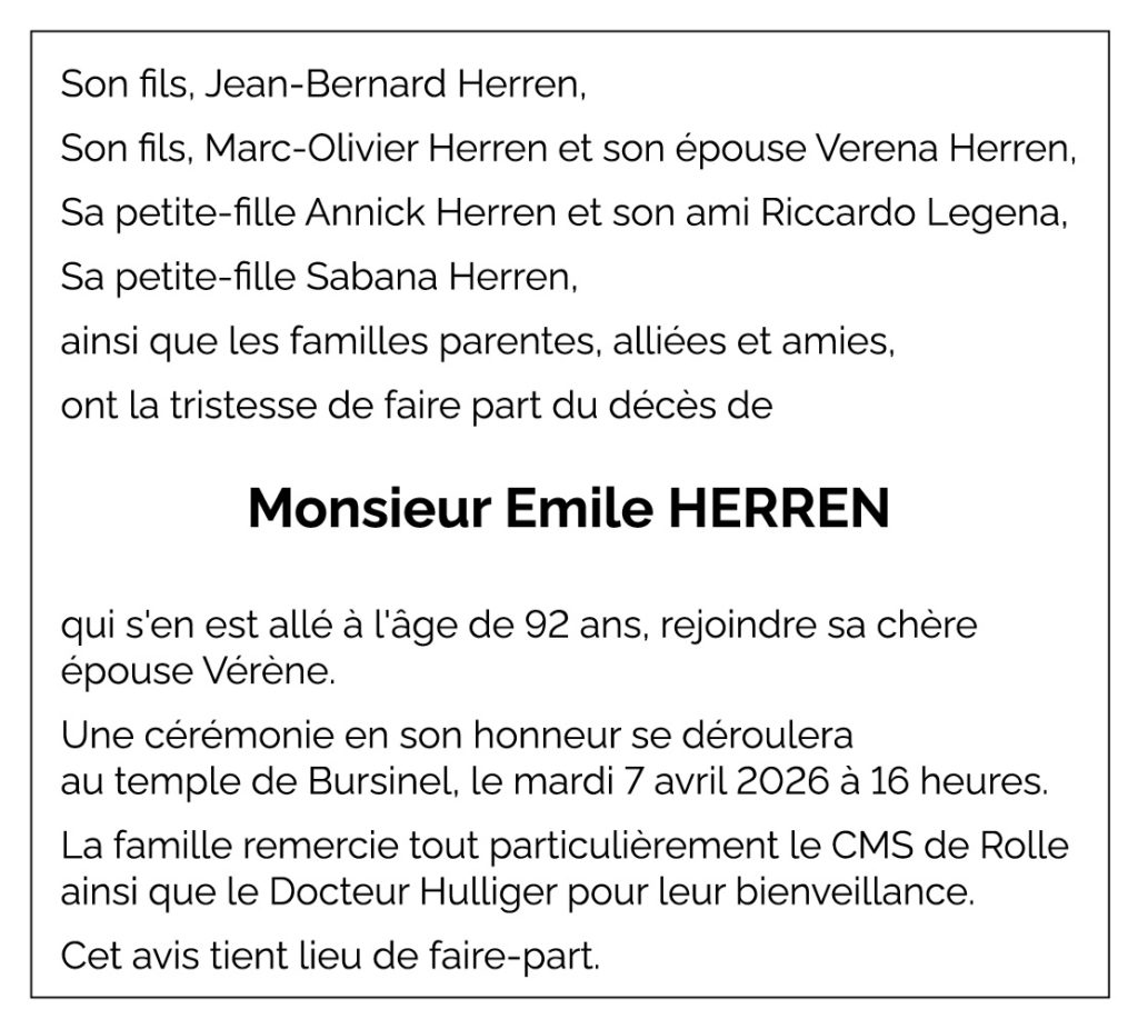 Avis décès Emile HERREN 1933 - 2026