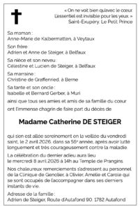 Avis décès Catherine DE STEIGER 1971 - 2026
