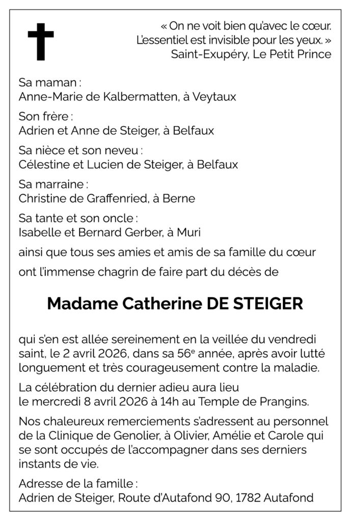 Avis décès Catherine DE STEIGER 1971 - 2026