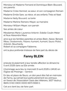 Avis décès Fanny BLEIN 1974 - 2026