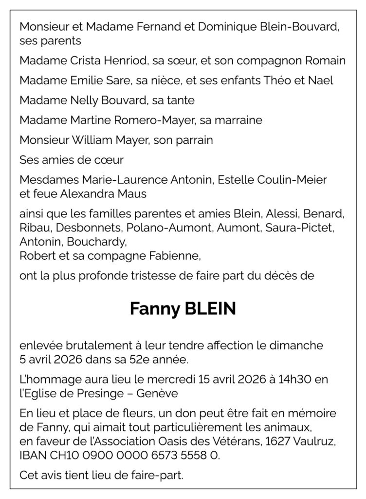 Avis décès Fanny BLEIN 1974 - 2026