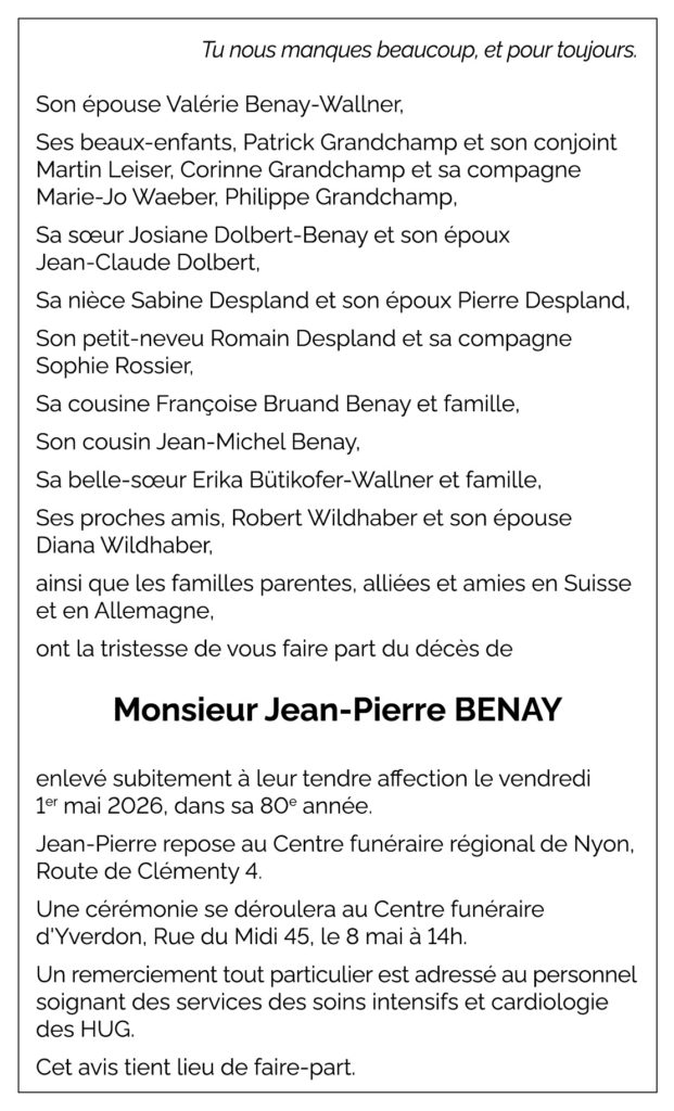 Avis décès Jean-Pierre BENAY 1946 - 2026