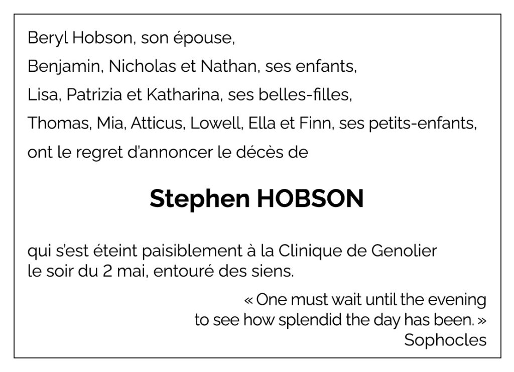 Avis décès Stephen HOBSON 1944 - 2026