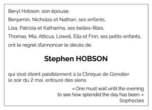 Avis décès Stephen HOBSON 1944 - 2026