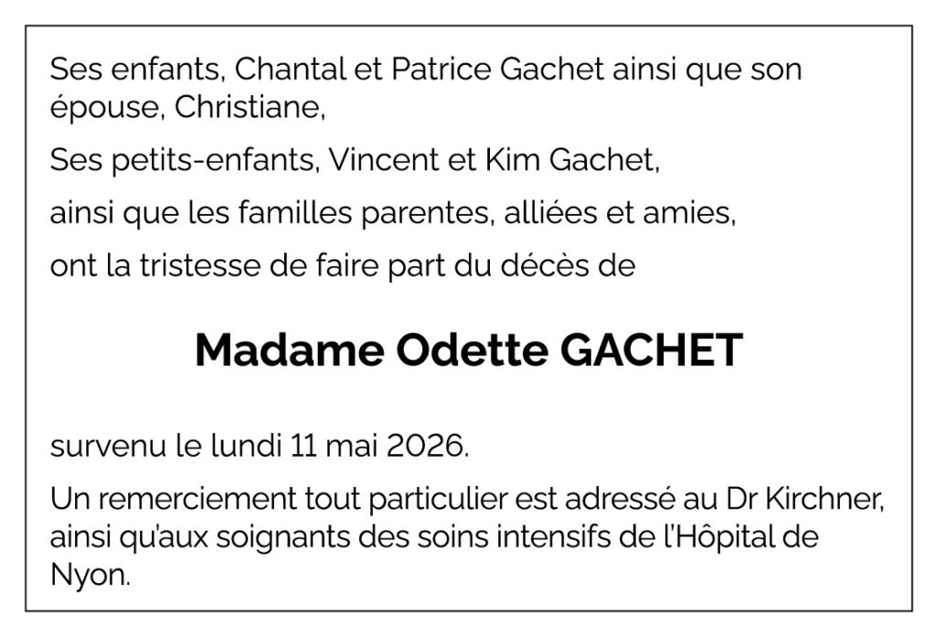 Avis décès Odette GACHET 1948 - 2026
